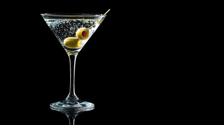 This elegant martini cocktail features green olives, served in a stylish glass. The drink is perfectly chilled with bubbles, creating a sophisticated ambiance against a black background.の素材
