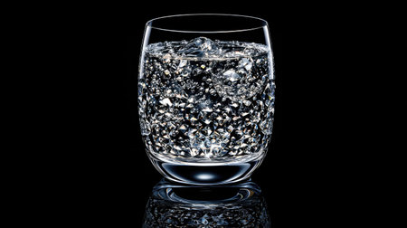 A close-up view of sparkling ice water in a clear glass, showcasing its crystal-like reflections and bubbles against a sleek black background.の素材