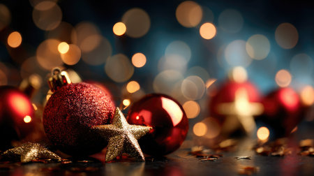 Capture the essence of the holiday season with this stunning image of red ornaments and golden stars against a backdrop of blurred festive lights.の素材