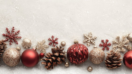 Capture the spirit of the holidays with this elegant Christmas decoration featuring red and gold ornaments, pine cones, and snowflake accents.の素材