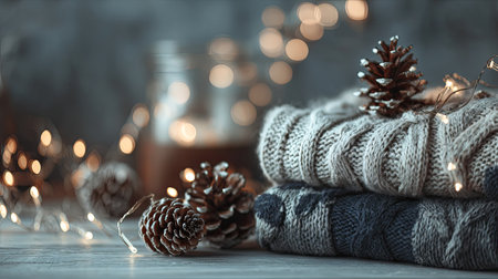 A tranquil winter scene featuring cozy knitted sweaters stacked on a rustic surface, adorned with pinecones and twinkling decorative lights, creating a warm holiday atmosphere.の素材