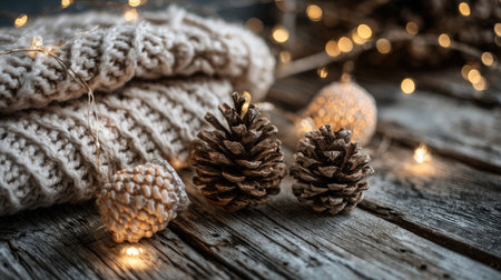 A serene winter scene featuring a soft knit sweater, natural pine cones, and elegant fairy lights. This cozy arrangement evokes warmth and charm during the holiday season.の素材