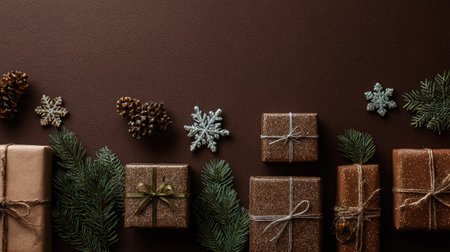 This festive image showcases beautifully wrapped Christmas gifts alongside natural elements like pine cones and greenery, all set against a rich brown background, embodying the holiday spirit.の素材