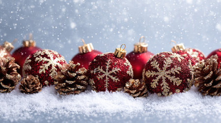 This captivating image showcases vibrant red Christmas ornaments adorned with intricate snowflake designs, accompanied by pinecones on a snowy surface.の素材