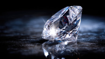 This stunning image features a sparkling diamond gemstone resting on a dark surface, showcasing its brilliance and reflections. Perfect for themes of luxury, beauty, and elegance.の素材