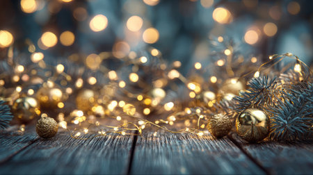 A serene holiday scene featuring twinkling lights and gold ornaments scattered on a rustic wooden surface, evoking warmth and festive cheer.の素材