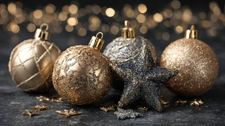 This image features vibrant gold Christmas ornaments with various glittery textures, set against a dark background, perfect for holiday themes.の素材