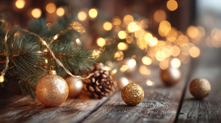 Capture the essence of the holiday season with this cozy Christmas decoration featuring golden ornaments, pine cones, and warm fairy lights on a rustic wooden surface.の素材