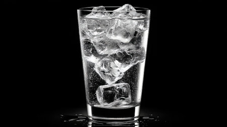 A clear glass filled with ice cubes and sparkling water sits against a solid black background, showcasing an elegant and refreshing beverage choice.の素材