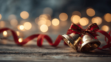 Two golden Christmas bells adorned with a red ribbon resting on a rustic wooden table, illuminated by warm, twinkling lights, creating a festive atmosphere.の素材