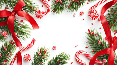 This beautiful arrangement features green pine branches adorned with red ribbons and festive candies, perfect for holiday celebrations and seasonal decorations.の素材