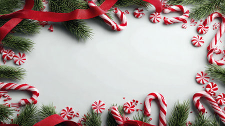 This beautifully arranged festive scene features candy canes and lush pine greenery with red ribbons, perfect for holiday-themed designs and warm celebrations.の素材