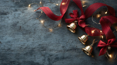 A captivating flat lay image featuring golden bells, rich red ribbons, and shimmering lights on a textured grey surface, perfect for holiday themes.の素材