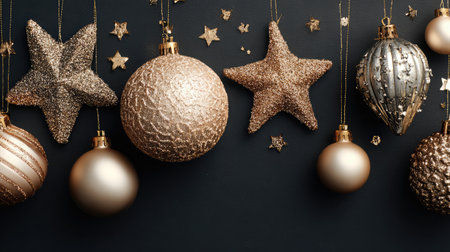 Stunning arrangement of gold Christmas ornaments and star decorations hanging against a dark background, creating a festive atmosphere perfect for holiday celebrations.の素材