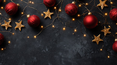 Capture the essence of the holiday season with this festive arrangement of red ornaments, golden stars, and twinkling lights on a dark background.の素材