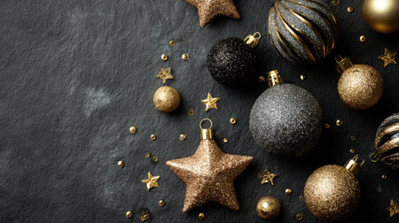 This elegant flatlay features shimmering black and gold Christmas decorations including baubles, stars, and glittering beads on a dark background.の素材