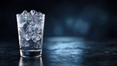 A clear glass filled with sparkling ice cubes stands against a dark, moody background, showcasing a perfect beverage option to refresh and cool.の素材