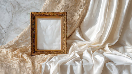 This image features an elegant empty frame set against a backdrop of luxurious satin and lace fabrics. Ideal for artistic display and decoration inspirations.の素材