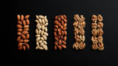 A visually appealing display of raw nuts including almonds, pistachios, cashews, hazelnuts, and walnuts on a dark background, perfect for healthy eating, cooking inspiration, and food styling.の素材