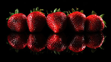 This captivating image features fresh strawberries with water droplets reflecting beautifully on a black surface. Perfect for health and food themes.の素材