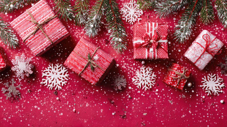 A vibrant arrangement of beautifully wrapped Christmas gifts in red and white on a rich red background, embellished with snowflakes and pine branches.の素材