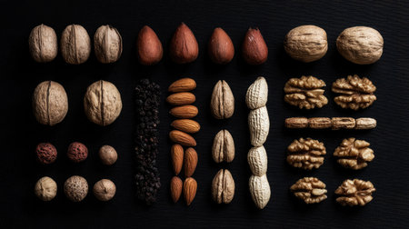 A stunning arrangement of various nuts and seeds displayed on a dark background, showcasing their unique textures and colors, perfect for culinary themes.の素材