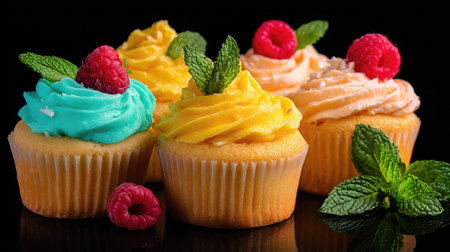 Delight in these vibrant cupcakes topped with colorful creamy frosting and adorned with fresh berries and mint leaves. Perfect for any celebration!の素材