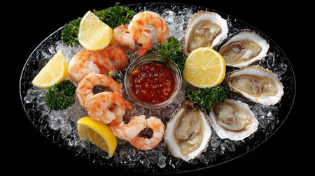 A stunning seafood platter featuring fresh shrimp, oysters, and vibrant lemon slices arranged on ice, served with a zesty dipping sauce for an elegant touch.の素材