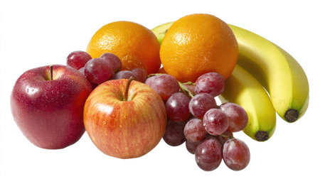 Vibrant assortment of fresh fruits including red and green apples, bright oranges, sweet grapes, and yellow bananas. Perfect for promoting healthy eating.の素材