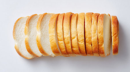A visually appealing close-up of freshly sliced white bread, showcasing its soft texture and golden crust, ideal for culinary and bakery projects.の素材