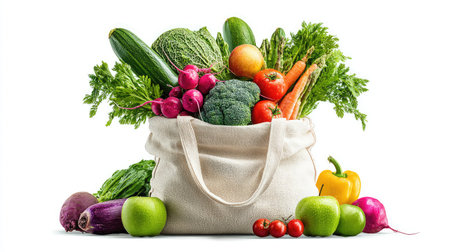 A vibrant arrangement of assorted fresh organic vegetables in a reusable canvas bag, showcasing a commitment to healthy eating and sustainability.の素材