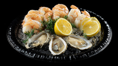 An enticing seafood platter featuring succulent shrimp and fresh oysters, garnished with lemon slices and presented on ice. Perfect for gatherings and special occasions.の素材