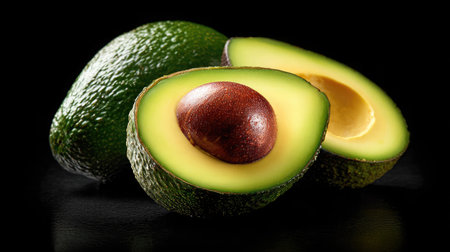 A stunning close-up of fresh avocado halves showcasing creamy green flesh and a brown seed, perfect for nutrition-focused culinary projects.の素材