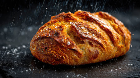 This image showcases a freshly baked artisan bread loaf featuring a crispy crust and a sprinkle of sea salt, set against a dark background. Perfect for culinary themes.の素材