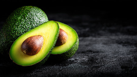 A striking image of fresh avocado halves with a smooth texture on a dark background, highlighting the vibrant green fruit and natural appeal.の素材