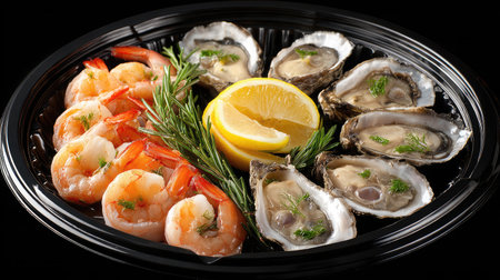 A stunning seafood platter featuring fresh shrimp, oysters, and vibrant lemon slices, beautifully arranged with herbs on a black background. Perfect for culinary lovers.の素材