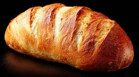 This image features a freshly baked artisan bread loaf with a golden, crispy crust. The loaf's soft texture contrasts beautifully against a black background, ideal for food-related projects.の素材