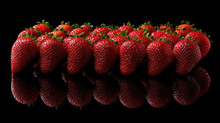 A stunning arrangement of fresh red strawberries on a reflective surface creates a vibrant visual against a dark background. Perfect for healthy lifestyle themes.の素材