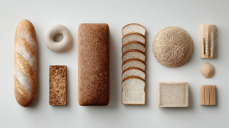A visually appealing arrangement of assorted bread types and baked goods presented on a clean background, showcasing texture and color diversity.の素材