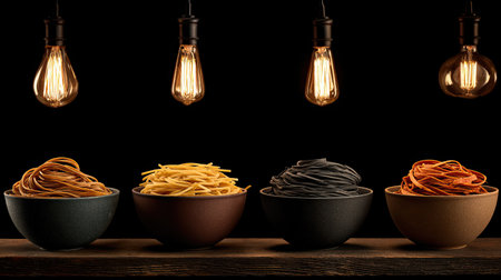 This captivating image features assorted pasta varieties presented in stylish bowls, enhanced by warm vintage light bulbs against a dark backdrop.の素材