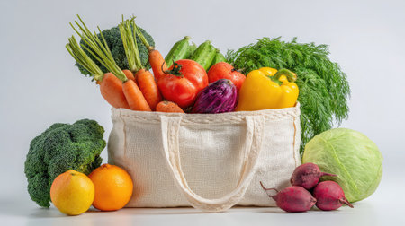 A vibrant assortment of fresh organic vegetables and fruits arranged in an eco-friendly bag, ideal for promoting a healthy lifestyle and nutritious diet.の素材
