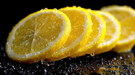 Close-up of freshly cut lemon slices showcasing vibrant yellow color and water droplets, perfect for culinary, beverage, and healthy lifestyle projects.の素材