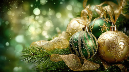 A beautiful arrangement of green and gold Christmas ornaments resting on a lush pine branch, exuding festive cheer with a magical bokeh background.の素材