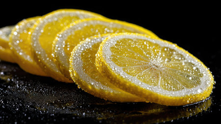 This image showcases vibrant lemon slices adorned with water droplets, highlighting freshness and zest. Perfect for culinary, beverage, or healthy lifestyle themes.の素材