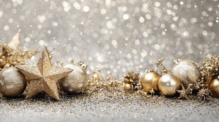 A stunning arrangement of gold-themed Christmas decorations creates a warm and inviting atmosphere for holiday celebrations. The sparkling ornaments and shimmering lights add elegance to any festive event or background.の素材