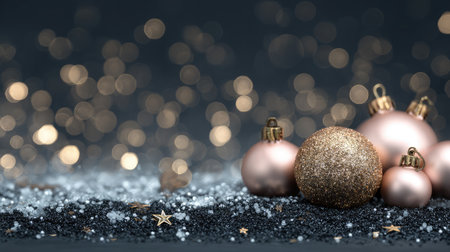 Capture the essence of the holiday season with elegant Christmas ornaments resting on a sparkling background, featuring soft bokeh lights that enhance festive charm.の素材