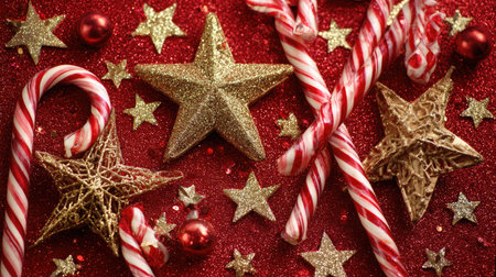 A vibrant holiday scene featuring red glitter backgrounds, festive stars, candy canes, and shiny ornaments, evoking warmth and joy of Christmas celebrations.の素材