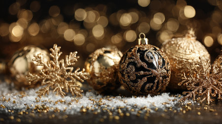 A stunning display of elegant Christmas ornaments and delicate snowflakes resting on a shimmering background, perfect for capturing the spirit of the festive season.の素材