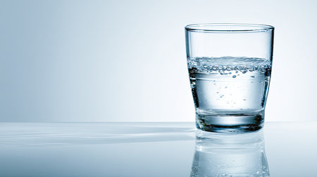 This image features a clear glass filled with sparkling water, showcasing bubbles and reflections on a smooth white surface, ideal for minimalist aesthetics.の素材