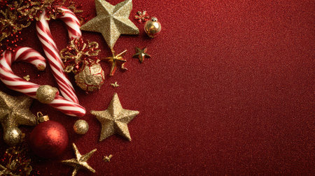 A captivating arrangement featuring candy canes, shiny ornaments, and sparkling stars against a rich red background, embodying the spirit of the festive season.の素材